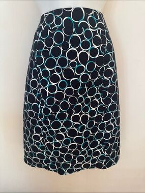 NWT Ann Taylor Lined Pencil Skirt/Sz 6/Blk-White-Teal Circles/Stretch/Knee Lngth